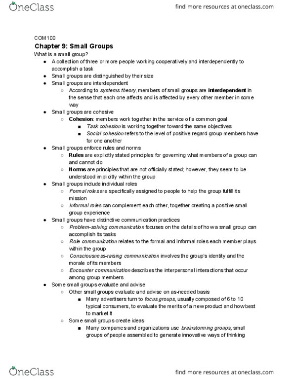 COM 100 Chapter Notes - Chapter 9: Group Cohesiveness, Social Loafing thumbnail
