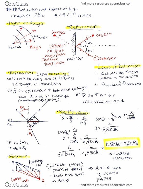 PHY 221 Lecture Notes - Lecture 15: Total Internal Reflection, Refraction thumbnail
