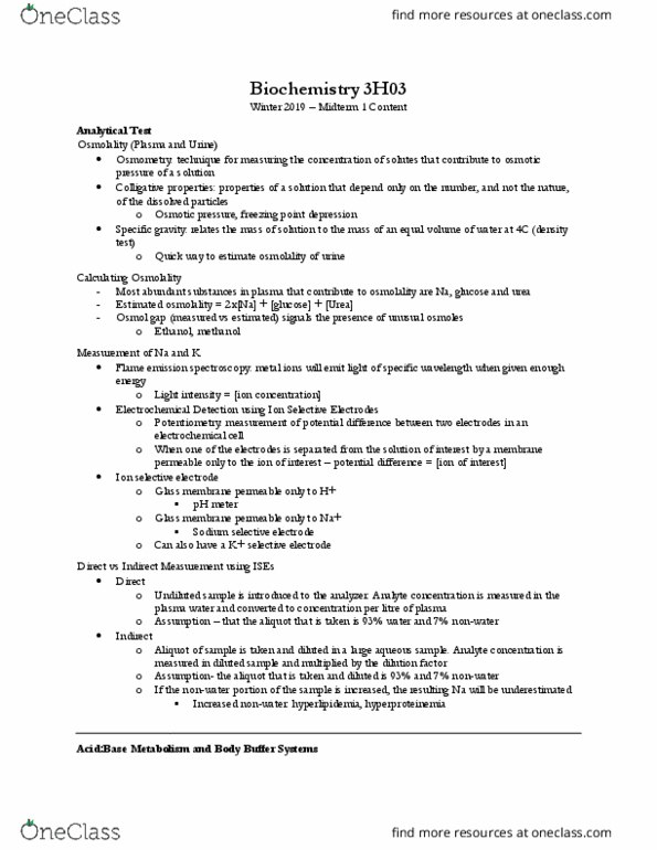 BIOCHEM 3H03 Lecture Notes - Lecture 3: Freezing-Point Depression, Colligative Properties, Osmometer thumbnail