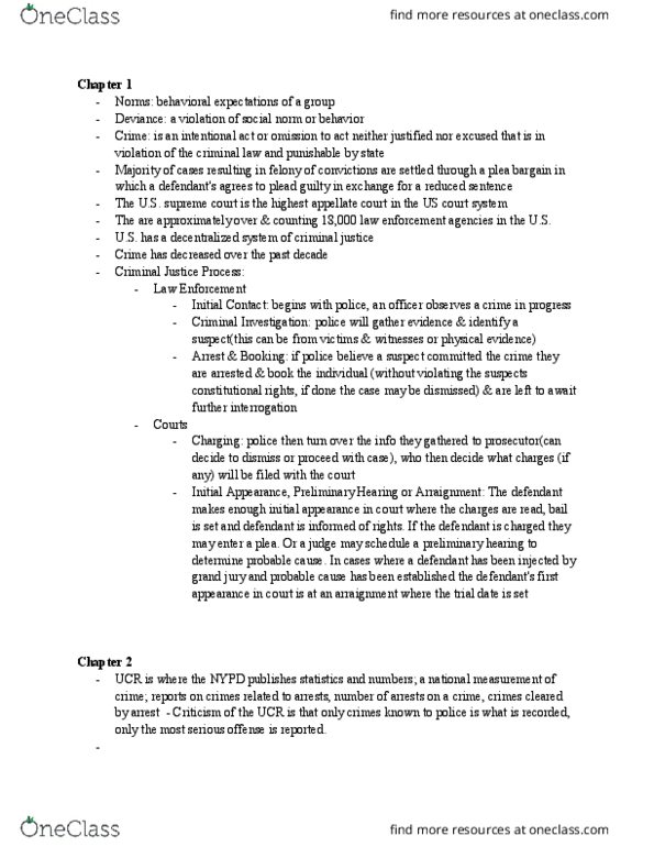 POL 217 Chapter Notes - Chapter 1-9: Arraignment, Jury Trial, New York City Police Department thumbnail