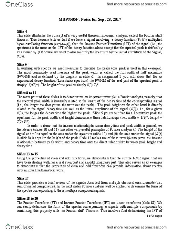 Medical Biophysics 3505F Lecture Notes - Lecture 7: Fourier Transform, Fourier Analysis, Full Width At Half Maximum thumbnail