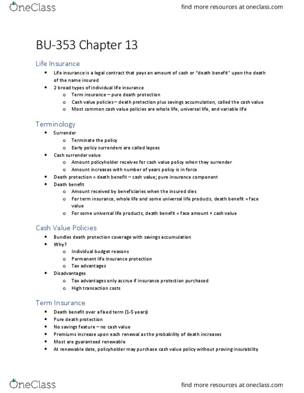 BU353 Chapter Notes - Chapter 13: Life Insurance, Whole Life Insurance, Term Life Insurance thumbnail