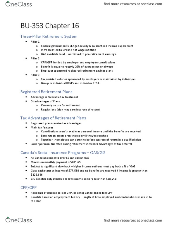 BU353 Chapter Notes - Chapter 16: Old Age Security, Tax Deferral, Savings Account thumbnail