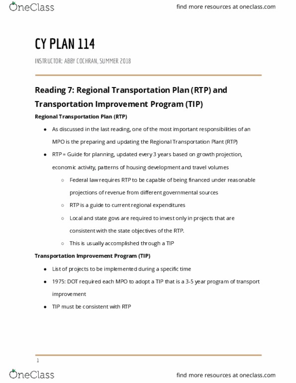 CY PLAN 114 Chapter Notes - Chapter 7: Transportation Planning, Rtp1 thumbnail