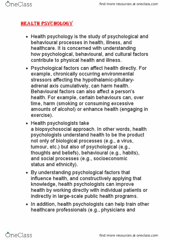101193 Lecture Notes - Lecture 1: Health Psychology, Biopsychosocial Model, Health Promotion thumbnail