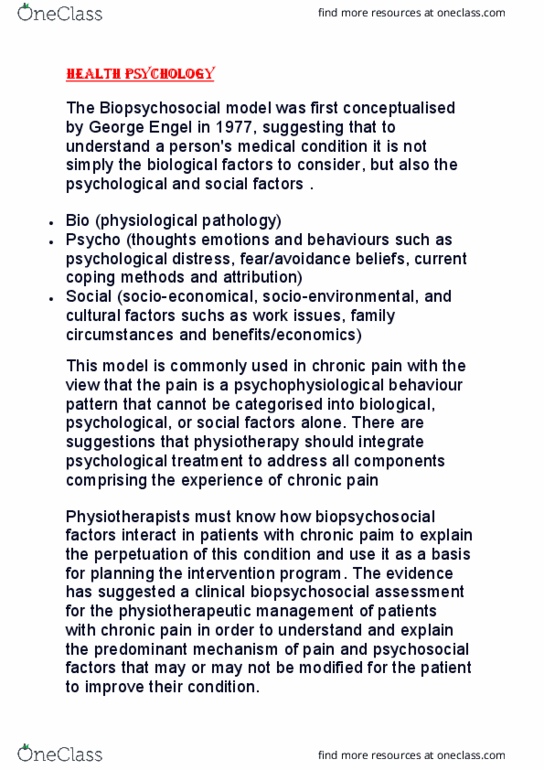 101193 Lecture Notes - Lecture 9: Biopsychosocial Model, Health Psychology, Physical Therapy thumbnail