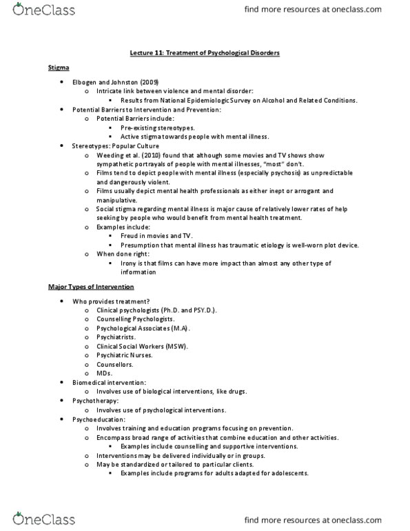 PSYC 1030H Lecture Notes - Lecture 11: Doctor Of Psychology, Mental Disorder, Psychoeducation thumbnail