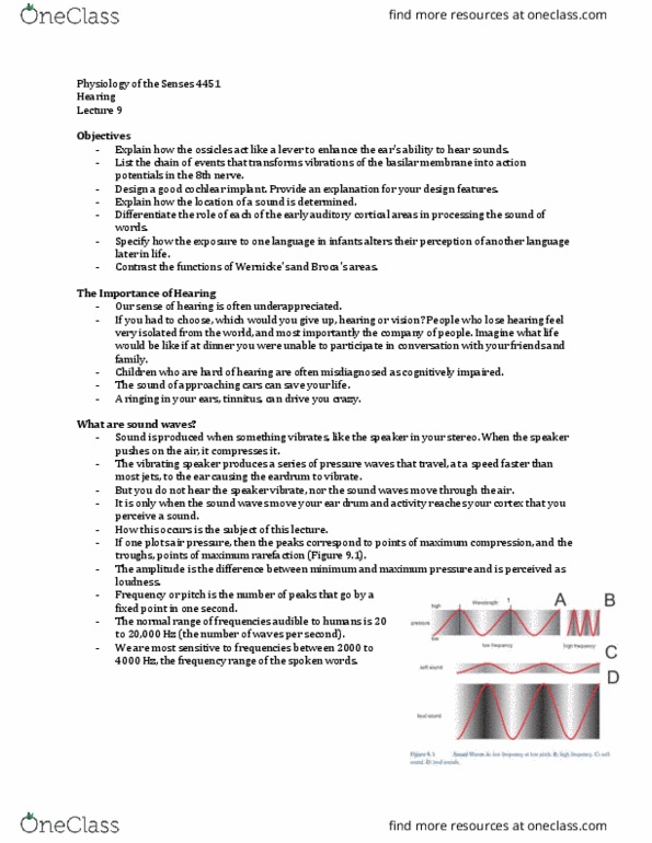 Physiology 4710A/B Lecture Notes - Lecture 9: Cochlear Implant, Eardrum, Sound thumbnail