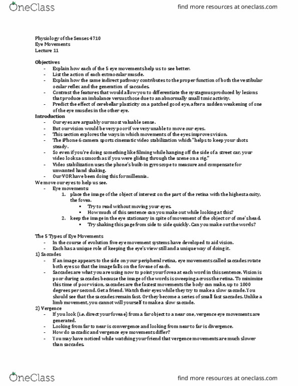 Physiology 4710A/B Lecture Notes - Lecture 11: Saccade, Extraocular Muscles, Iphone 6 thumbnail