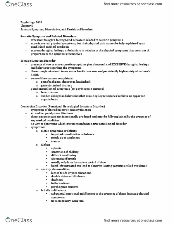 Psychology 2030A/B Chapter Notes - Chapter 5: Psychogenic Non-Epileptic Seizures, Factitious Disorder, Dysphagia thumbnail