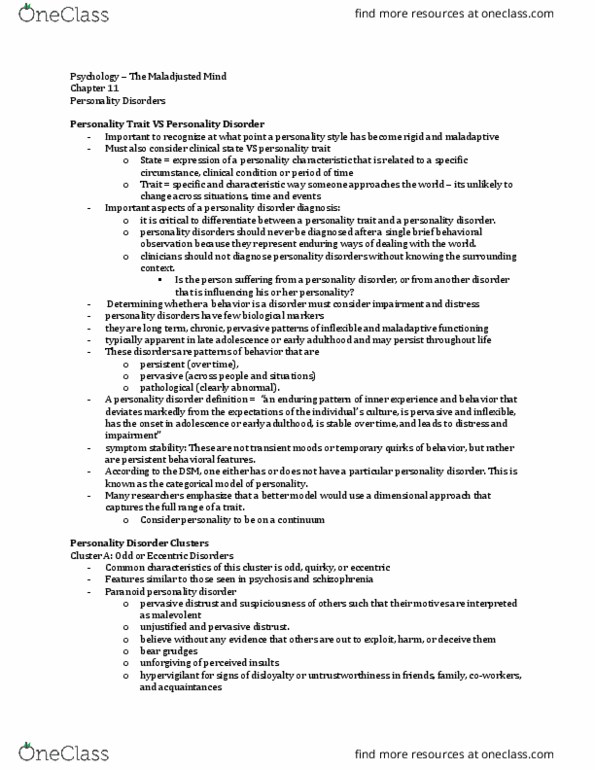Psychology 2030A/B Chapter Notes - Chapter 11: Paranoid Personality Disorder, Personality Disorder, Hypervigilance thumbnail