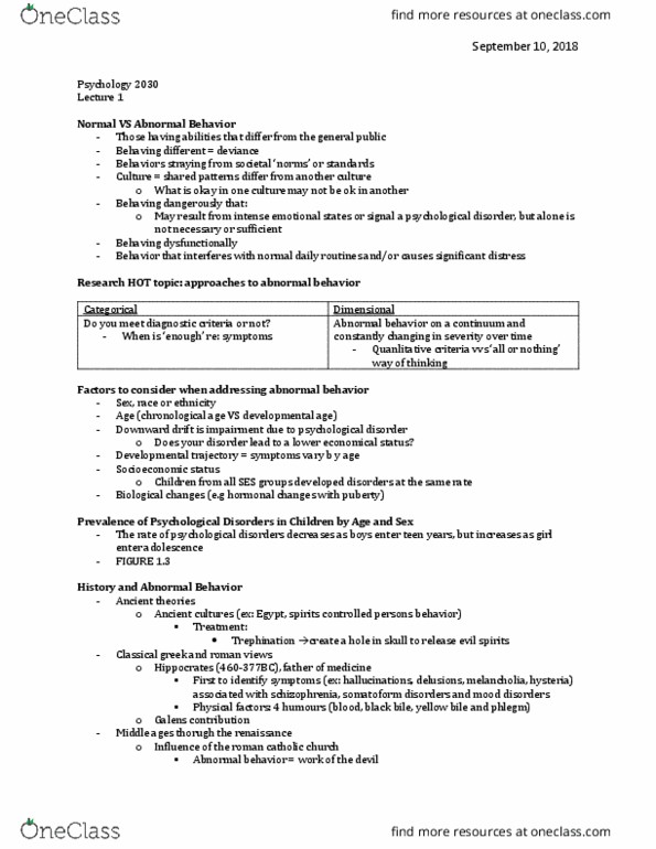 Psychology 2030A/B Lecture Notes - Lecture 1: Somatic Symptom Disorder, Trepanning, Phlegm thumbnail