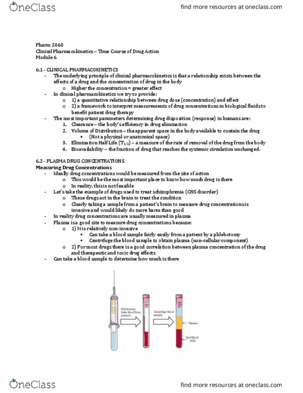 Pharmacology 2060A/B Lecture Notes - Lecture 6: Pharmacokinetics, Bioavailability, Circulatory System thumbnail