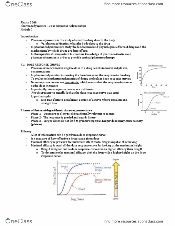 Pharmacology 2060A/B Lecture Notes - Lecture 7: Logarithmic Scale, Pharmacodynamics, Pharmacokinetics thumbnail