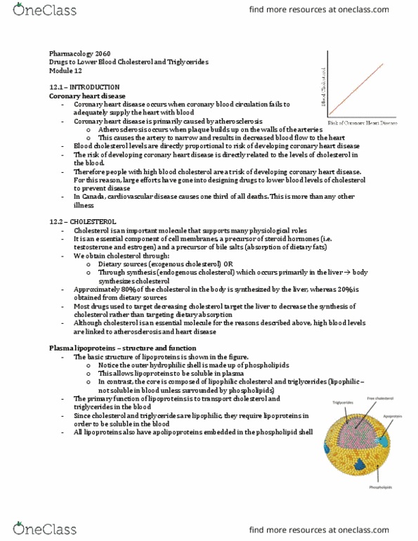 Pharmacology 2060A/B Lecture Notes - Lecture 12: Coronary Artery Disease, Hypercholesterolemia, Bile Acid thumbnail