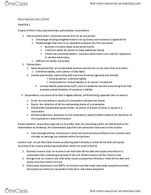 FIN 300 Lecture Notes - Lecture 5: Limited Liability Partnership, General Partnership, Limited Partnership thumbnail