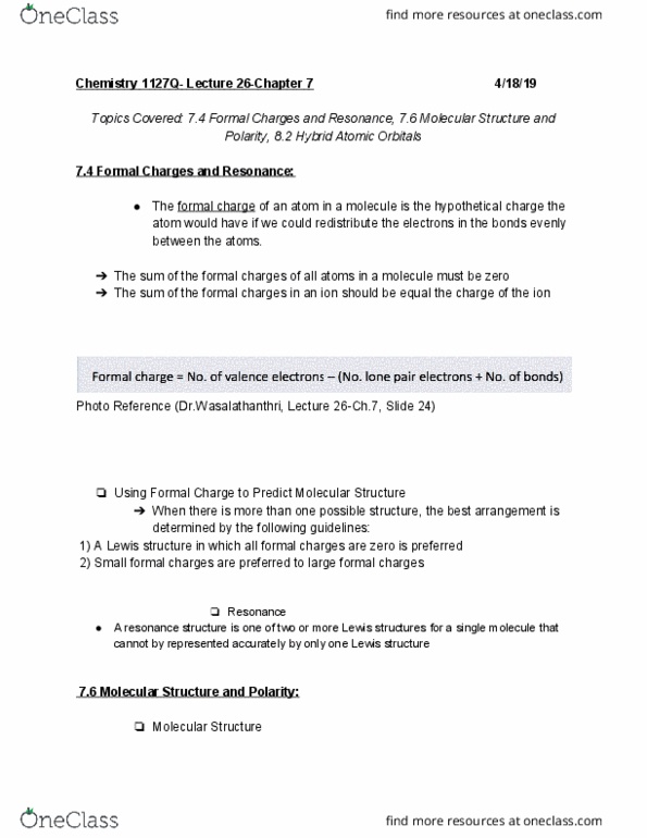 CHEM 1127Q Lecture Notes - Lecture 26: Formal Charge, Lewis Structure, Chemical Polarity cover image