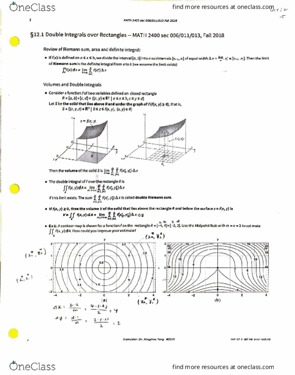 MATH 2400 Lecture Notes - Lecture 12: Riemann Sum, Multiple Integral, Contour Line thumbnail