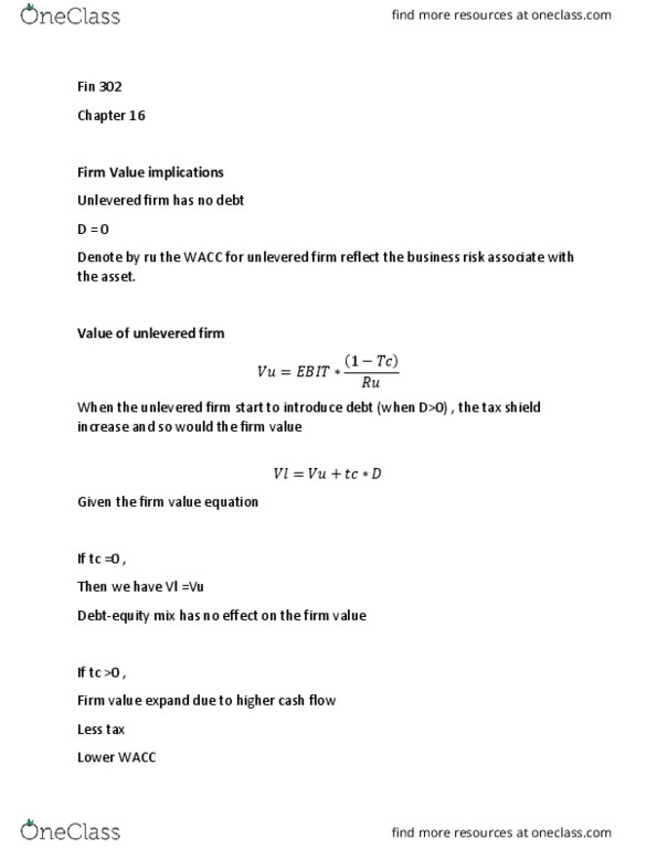 FIN 302 Lecture Notes - Lecture 29: Tax Shield, Cash Flow, Capital Structure cover image