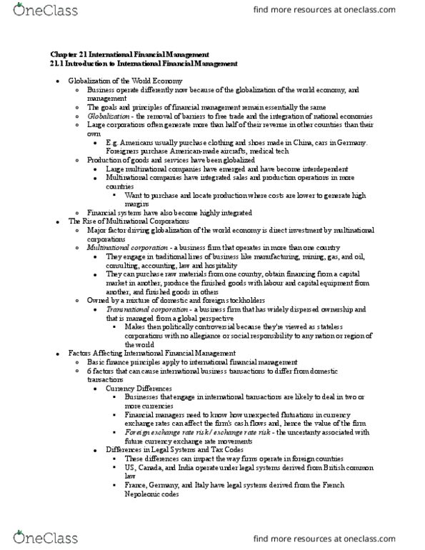 Management and Organizational Studies 1023A/B Chapter Notes - Chapter 21: Multinational Corporation, Country Risk, Capital Market thumbnail