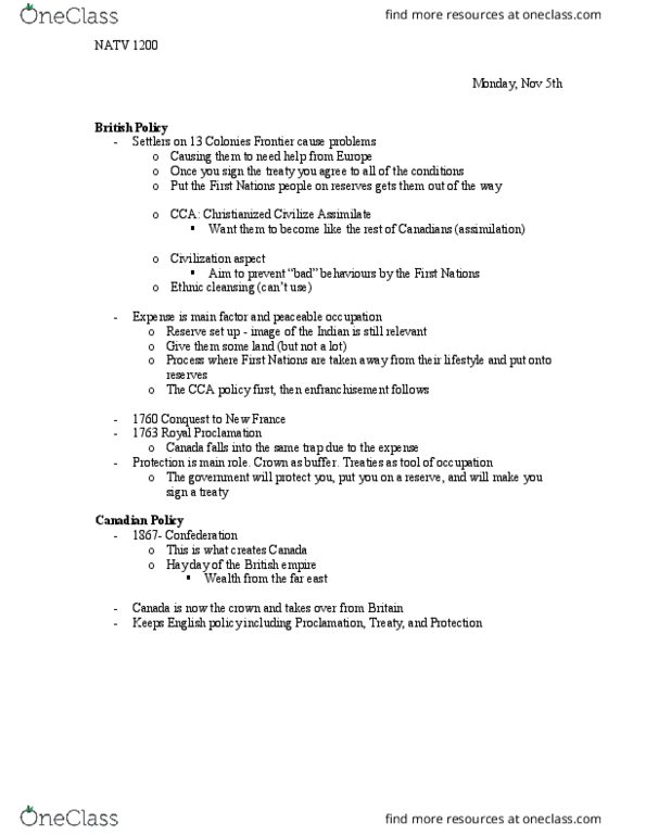 NATV 1200 Lecture Notes - Lecture 20: Ethnic Cleansing, Thirteen Colonies thumbnail