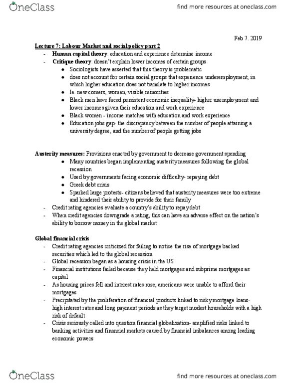 SOCIOL 1C03 Lecture Notes - Lecture 7: Credit Rating Agency, Global Recession, Visible Minority thumbnail