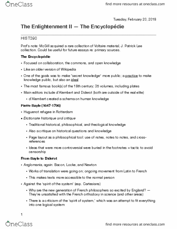 HIST 390 Lecture Notes - Lecture 13: Pierre Bayle, Open Knowledge, Age Of Enlightenment thumbnail