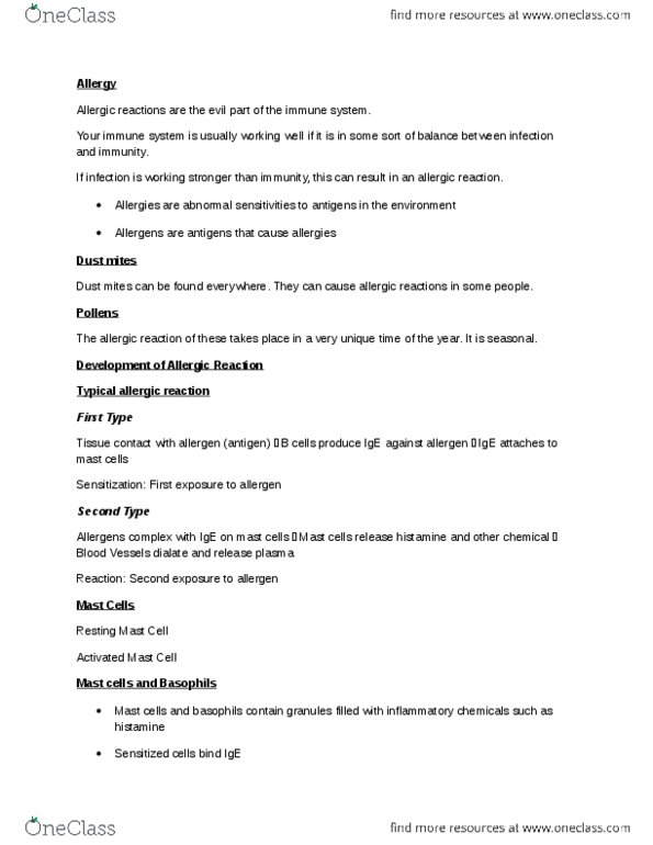 NATS 1670 Lecture Notes - House Dust Mite, Respiratory Tract, Mast Cell thumbnail