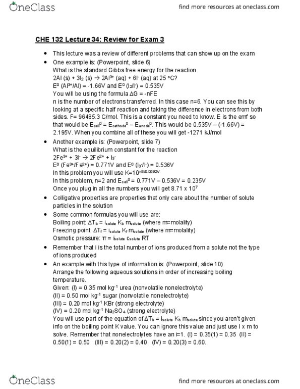 CHE 132 Lecture Notes - Lecture 37: Gibbs Free Energy, Colligative Properties, Strong Electrolyte cover image