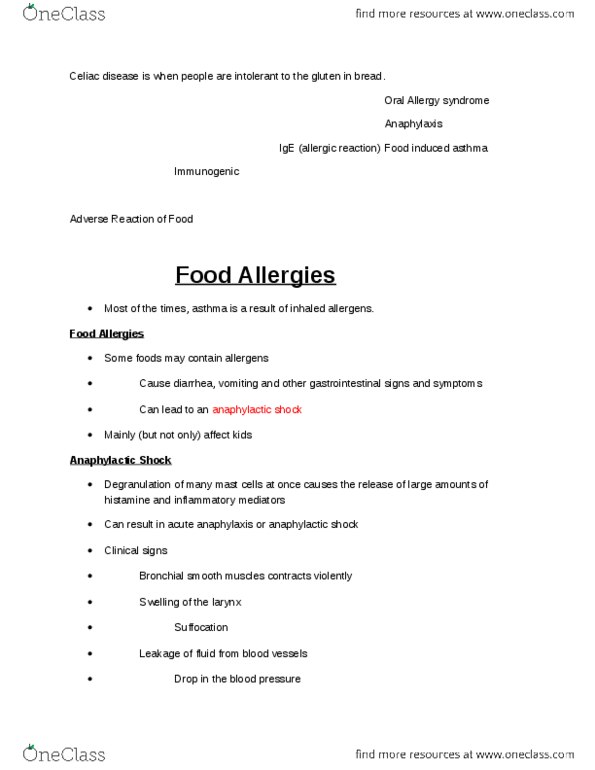 NATS 1670 Lecture Notes - Anaphylaxis, Coeliac Disease, Mast Cell thumbnail