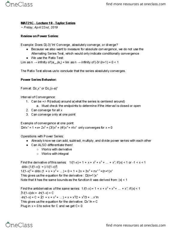 MAT 21C Lecture Notes - Lecture 10: Absolute Convergence, Ratio Test, Antiderivative cover image