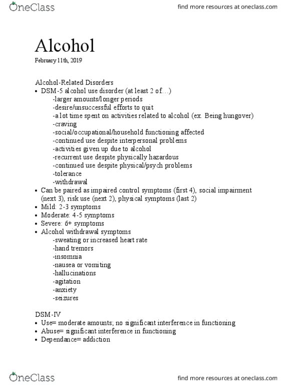PS280 Lecture Notes - Lecture 5: Alcohol Withdrawal Syndrome, Insomnia, Dsm-5 thumbnail
