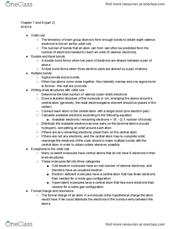 CHEM 1127Q Lecture Notes - Lecture 18: Octet Rule, Sigma Bond, Unpaired Electron thumbnail