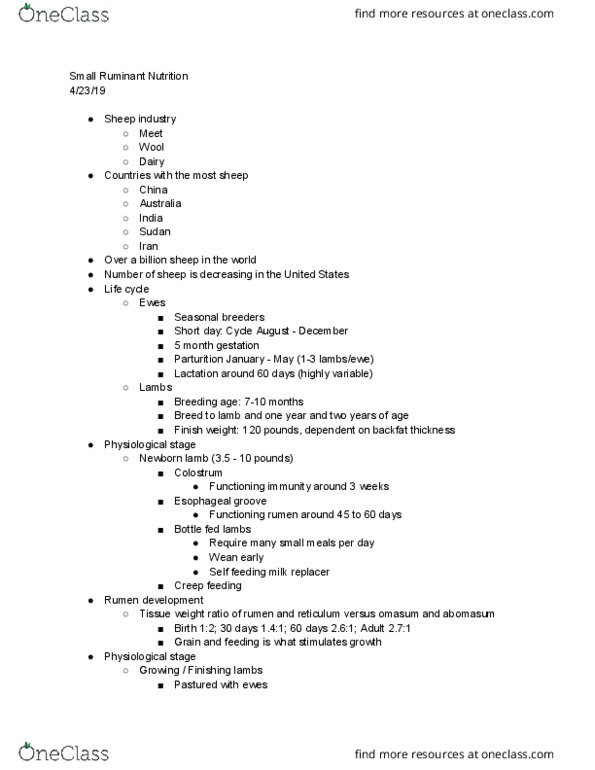 ANSC 1111 Lecture Notes - Lecture 22: Rumen, Omasum, Abomasum thumbnail