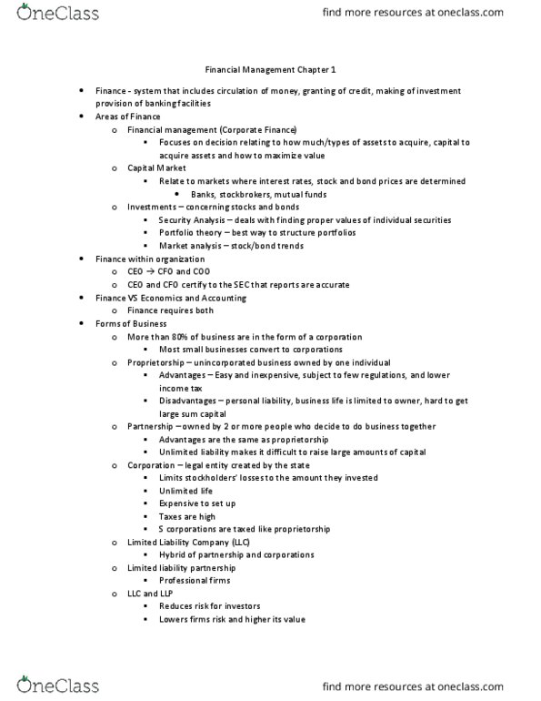 FIN3403 Chapter Notes - Chapter 1: Limited Liability Company, Limited Liability Partnership, Modern Portfolio Theory thumbnail