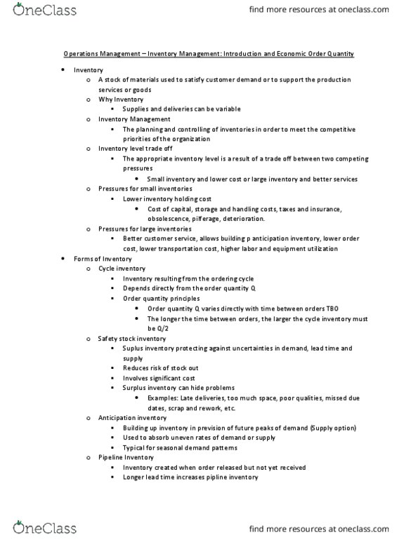 MAN3504 Lecture Notes - Lecture 14: Economic Order Quantity, Operations Management, Lead Time thumbnail