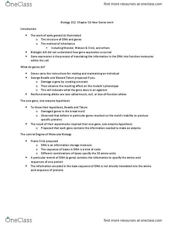 BIOL 212 Chapter Notes - Chapter 16: Edward Tatum, Central Dogma Of Molecular Biology, Gene Expression thumbnail