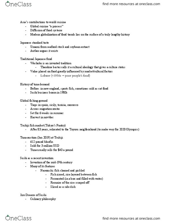 CCR199H1 Lecture Notes - Lecture 4: Tsukiji Fish Market, Tsukiji, Global Cuisine thumbnail