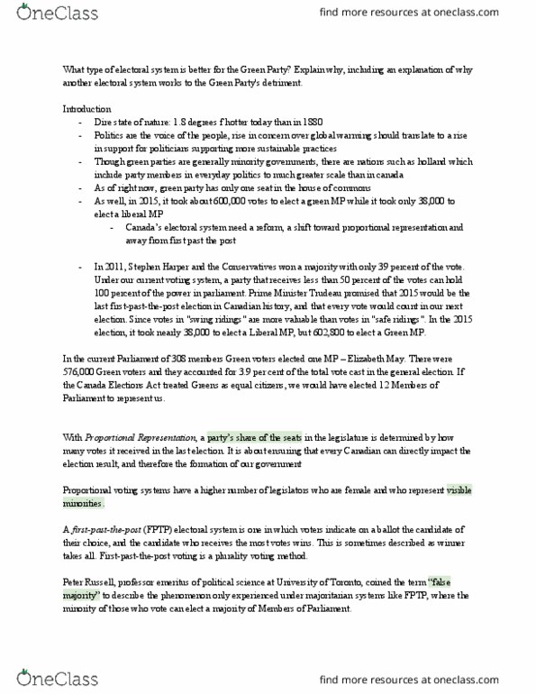 POL101Y1 Chapter Notes - Chapter 7: Proportional Representation, Canada Elections Act, Green Party thumbnail