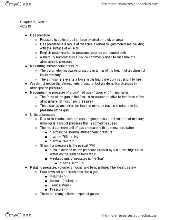 CHEM 1127Q Lecture Notes - Lecture 21: Ideal Gas Law, Filk Music, Barometer thumbnail