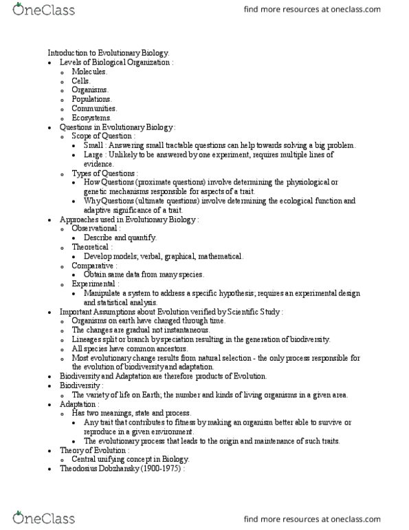 BIO120H1 Lecture Notes - Lecture 1: Theodosius Dobzhansky, Founder Effect, Microevolution thumbnail