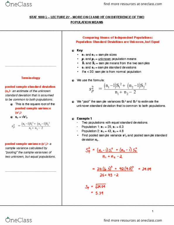 STAT 1000Q Lecture Notes - Lecture 27: Atomic Orbital, Variance, Standard Deviation cover image
