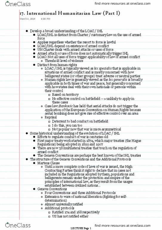 POL340Y1 Lecture Notes - Lecture 17: Lex Specialis, Line Of Actual Control, Geneva Conventions thumbnail