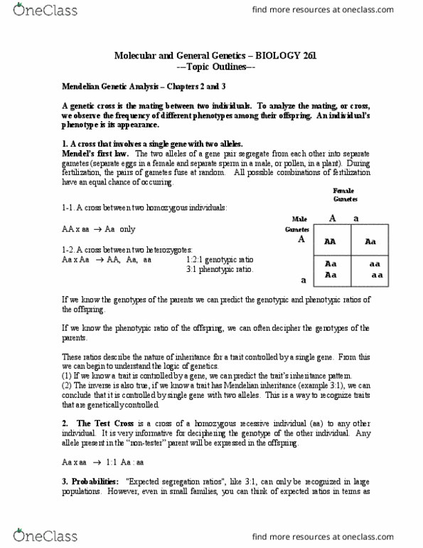 BIOL 261 Lecture Notes - Lecture 1: Genotype, Punnett Square, Mendelian Inheritance thumbnail