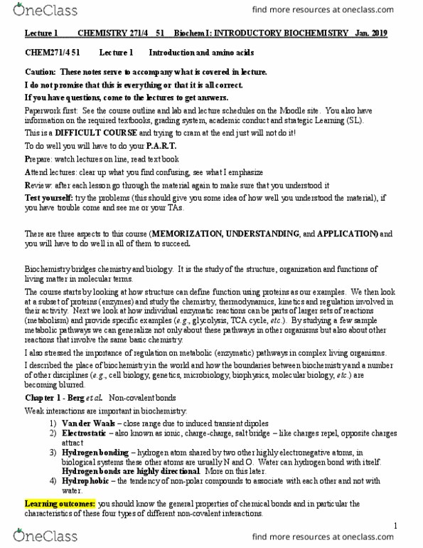 CHEM 271 Lecture Notes - Lecture 1: Weak Interaction, Biophysics, Moodle thumbnail