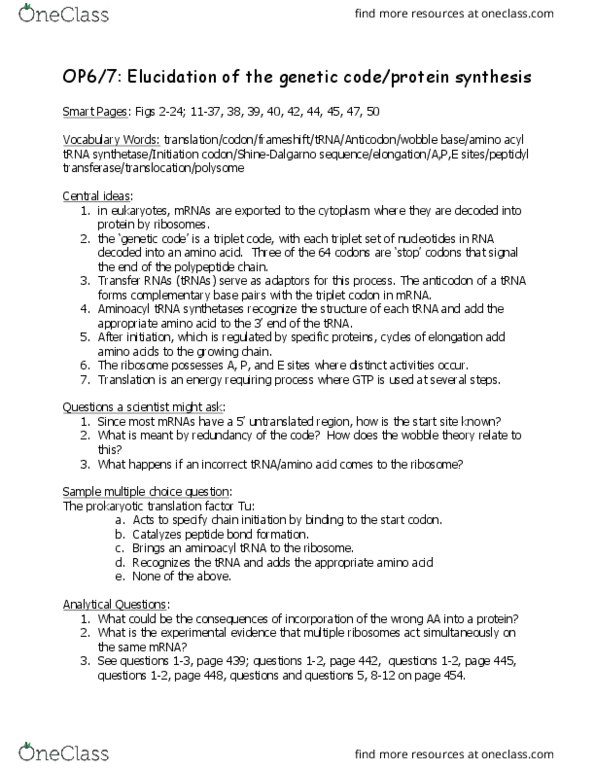 BIOB11H3 Lecture Notes - Lecture 6: Aminoacyl-Trna, Start Codon, Prokaryotic Translation thumbnail