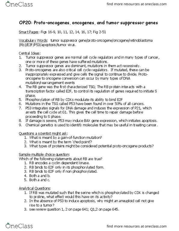 BIOB11H3 Lecture Notes - Lecture 20: Tumor Suppressor Gene, Cyclin-Dependent Kinase, E2F thumbnail