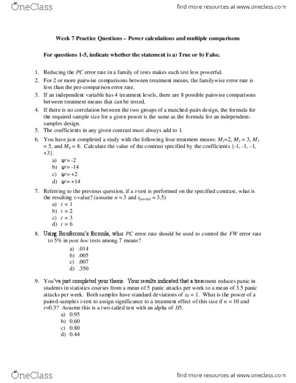 PSYC 3000 Lecture Notes - Family-Wise Error Rate, Multiple Comparisons Problem thumbnail