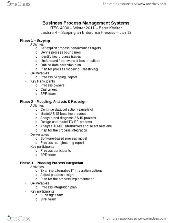 ITEC 4030 Lecture Notes - Business Process Management, Swot Analysis, Deliverable thumbnail