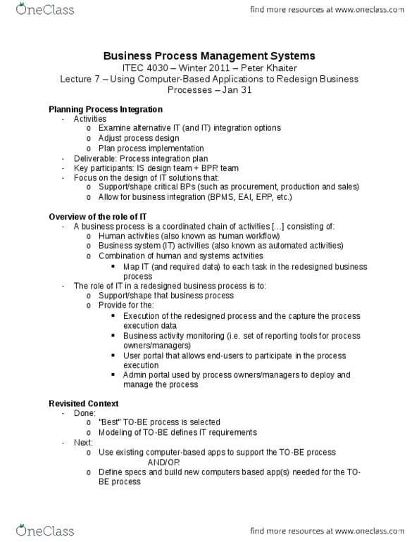 ITEC 4030 Lecture Notes - Business Process Management, Business Activity Monitoring, Business Process thumbnail